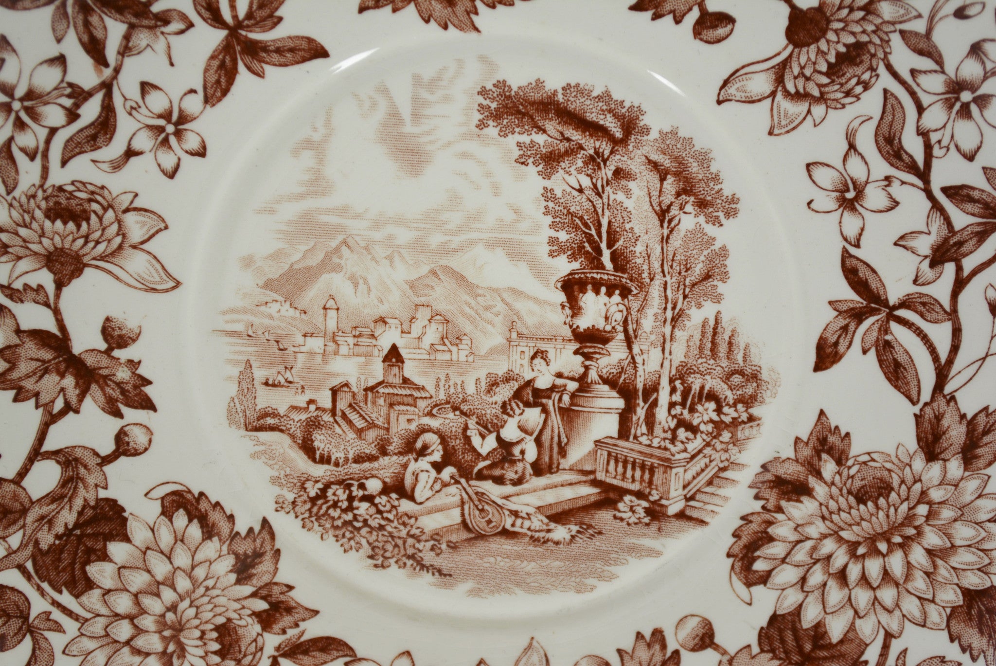 Vintage Spode Aster Brown Transferware Dual Handled Soup Bowl & Plate