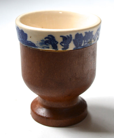 Antique Blue Willow English Transferware & Wood Pedestal Egg Cup