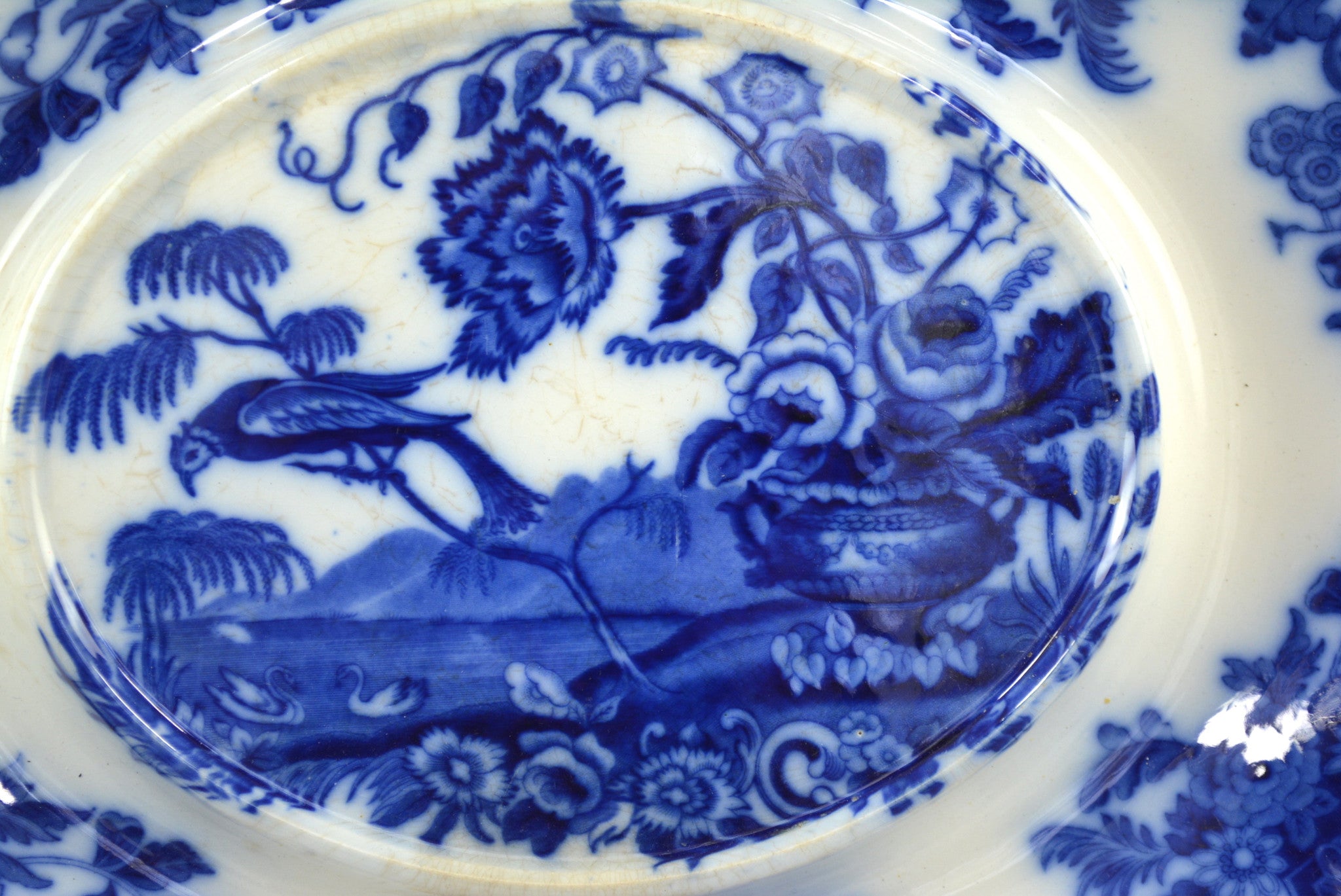 Huge Antique Flow Blue & White Transferware Serving Tray Copeland Bird