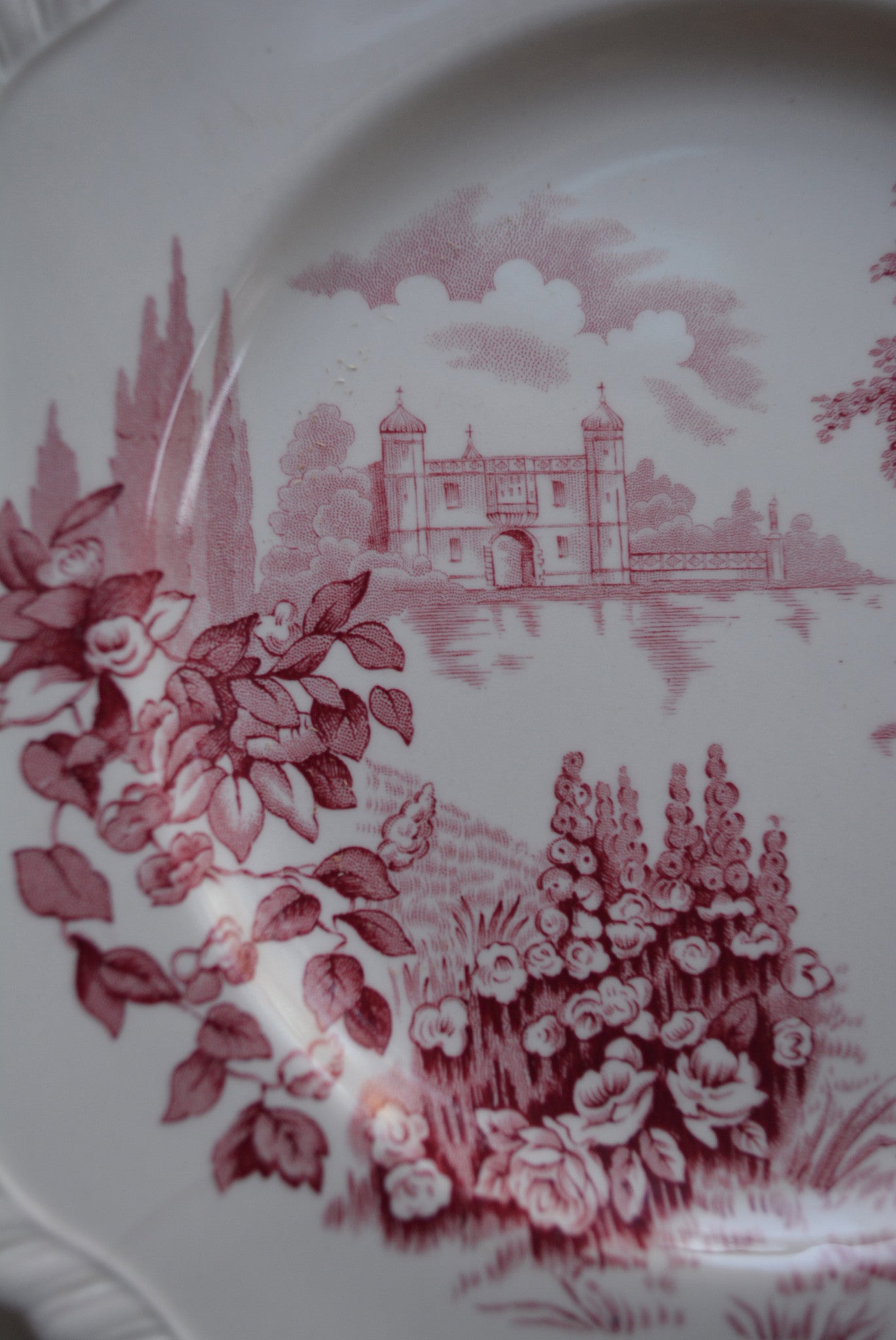 Pink Red Toile TRANSFERWARE 10” Plate Castle on Lake Foxgloves Roses