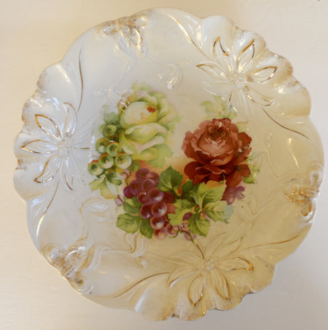 Gilded Embossed PS Germany Serving Bowl Hand Painted Roses Grapes