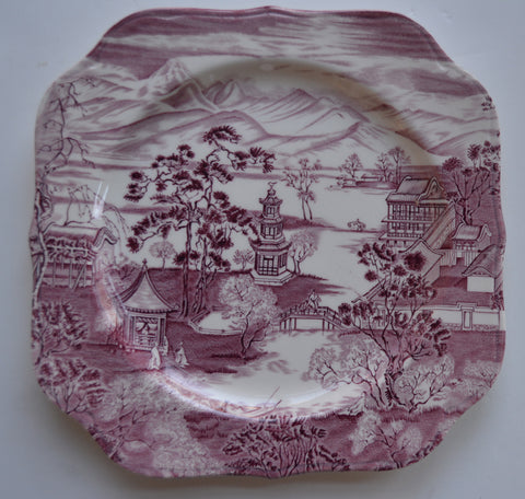 Chinoiserie Purple / Plum Square Plate Enchanted Garden Pagoda Alpine Scenery