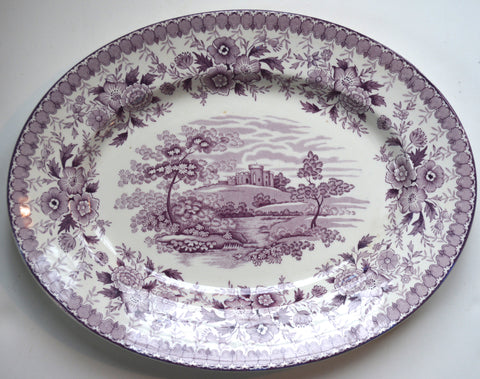 Purple English Transferware Lg Platter Hilltop Castle Woodland Stream and Roses Aimcee
