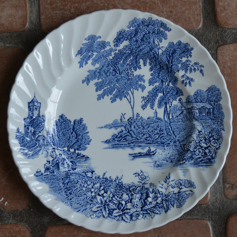 Vintage Blue Toile Plate English Transferware Plate Pastoral Ferry Boat Crossing Roses Cottage Windmill