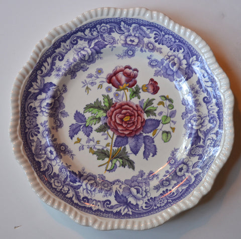 Spode Mayflower Periwinkle Purple  / Lavender Transferware Plate with Hand Painted Pink Roses - French Cottage Decor