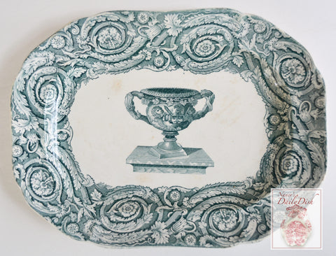 Circa 1833-47 Teal Transferware Platter Copeland Garrett Late Spode Ornate Warwick Urn Scrolls Thistle