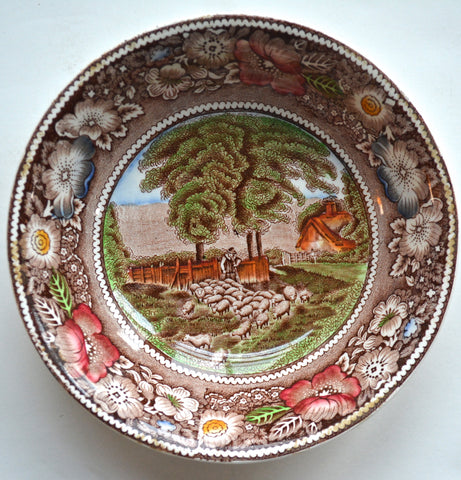 Brown Polychrome Transferware Cereal Bowl Candy Dish Pastoral Midwinter Rural England Flock of Sheep