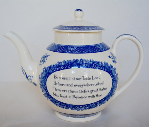 Antique Blue English Transferware Advertising Teapot Pitcher with Prayer - Be present at our table Lord - Wesley