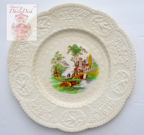 Creamware Staffordshire Brown Polychrome Transferware Charger Plate Embossed Floral & Bird Border