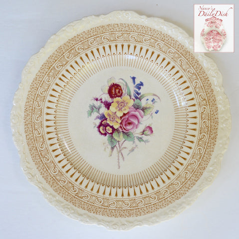 Vintage Brown Transferware Charger Plate with Hand Painted Roses & Floral Bouquet Royal Cauldon