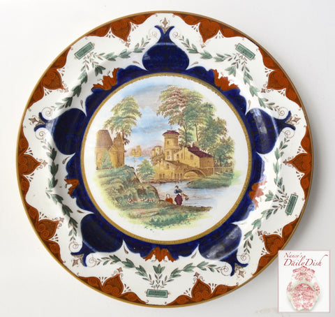 Brown Polychrome Clobbered Transferware Plate Landscape Wedgwood Rustic European Scene Wash Day at Stream