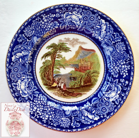 Blue & Brown Polychrome 2 Color Transferware Plate Jenny Lind - Mountain & Castle Scenery - Royal Staffordshire - Hand Painted