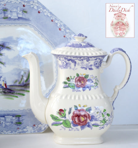 Vintage Roses Spode Mayflower Periwinkle / Lavender Transferware Tall Teapot Coffee Pot Hand Painted