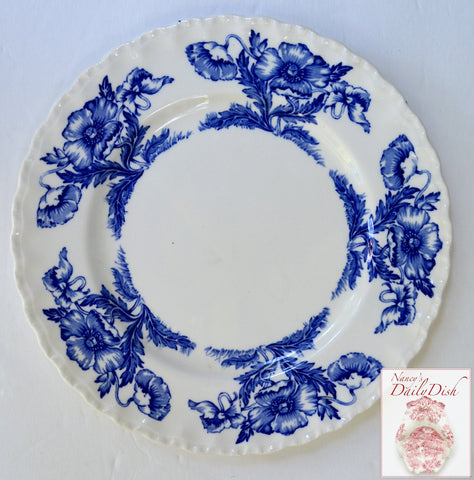 Scalloped Vintage Blue and White Transferware 9" Plate w/ Lovely Poppy Flowers Poppies