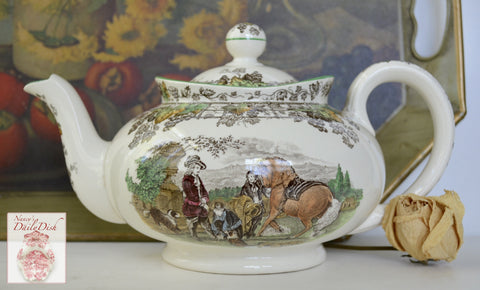 Spode Brown Transferware Tea Pot Polychrome Horse Dogs English Hunt Scene