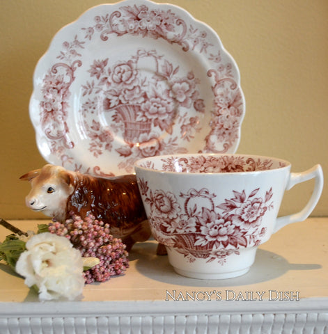 Vintage Red English Transferware Tea Cup and Saucer Victorian Basket of Roses