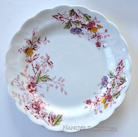 Vintage Red English Garden Transferware Plate Periwnkle Pink Green Yellow Flowers Leaves