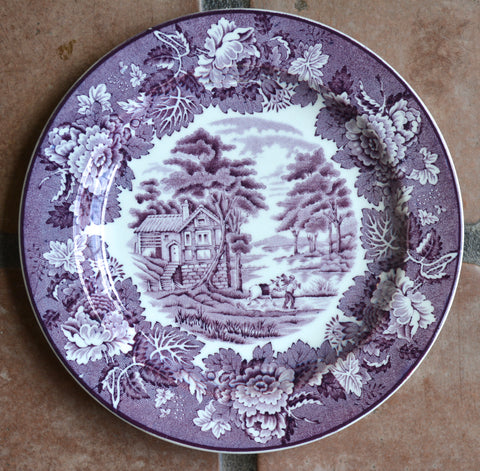 Vintage Purple TRANSFERWARE Salad Plate Peonies Boy & Pony Farm English Scenery
