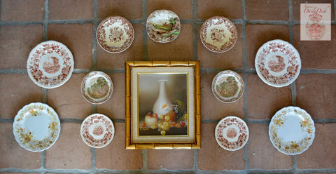 12 pc Mix n Match Vintage English Brown Transferware Plates & Original Framed Still Life Oil Painting Instant Wall Display