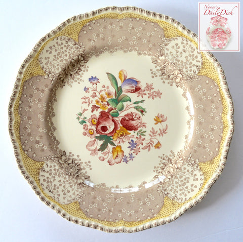 RARE Vintage English Polychrome Brown & Red Two Color Transferware Plate Royal Doulton Tulips Roses Flowers 10.25"