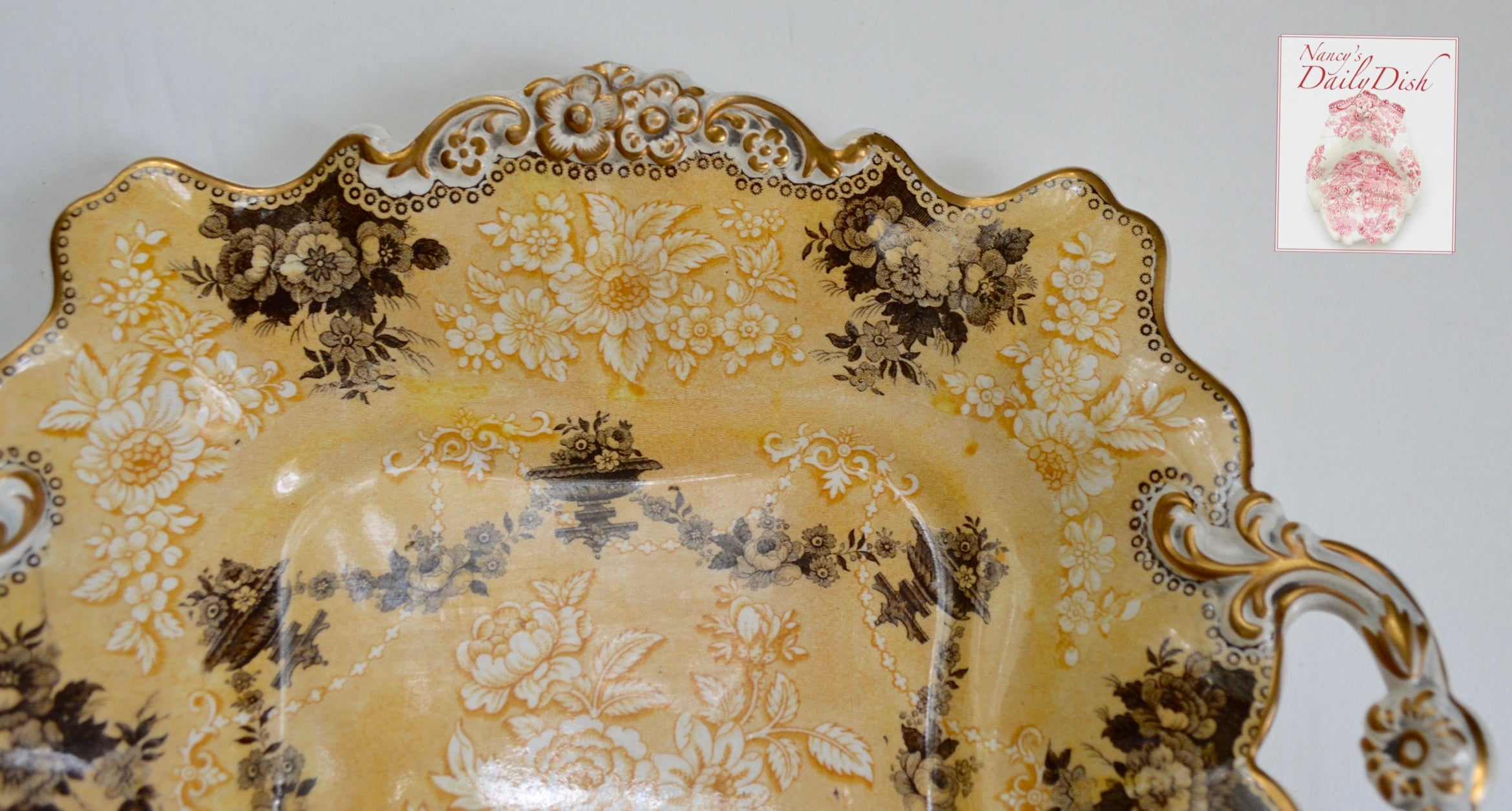 Circa 1835 Rare Yellow Two Color Transferware Handled Serving Tray Pla