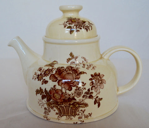 Polychrome Brown Transferware Charlotte Tea Pot Victorian Basket of Roses