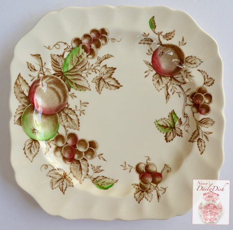 Brown Polychrome Transferware  Square Plate Harvest with Apples Grapes