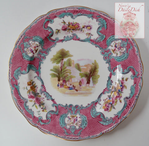Stunning Copeland Spode Vintage Transferware Plate Aqua Turquoise & Pink with Hand Painted Flowers and Scene