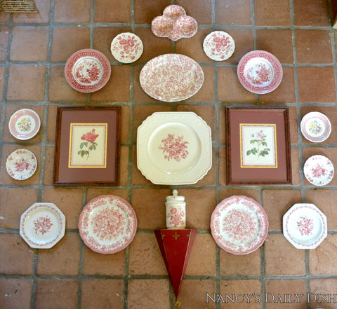 5' Instant Wall Decor!  Red & White Framed Botanical Roses Prints, Tole Shelf,  & 16 Antique Mix n Match Red Transferware Plates & Jar