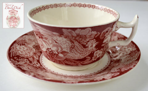 Vintage Red Transferware Tea Cup & Saucer Davenport Roosters Roses Clarice Cliff