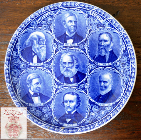 Antique Blue Transferware Plate 7 American Poets Portraits Poe Longfellow Bryant ++++