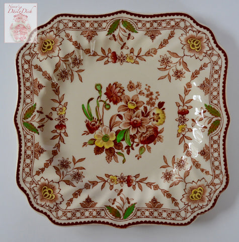 Square Vintage English Polychrome Brown Transferware 8" Plate Royal Doulton Tulips Roses Flowers