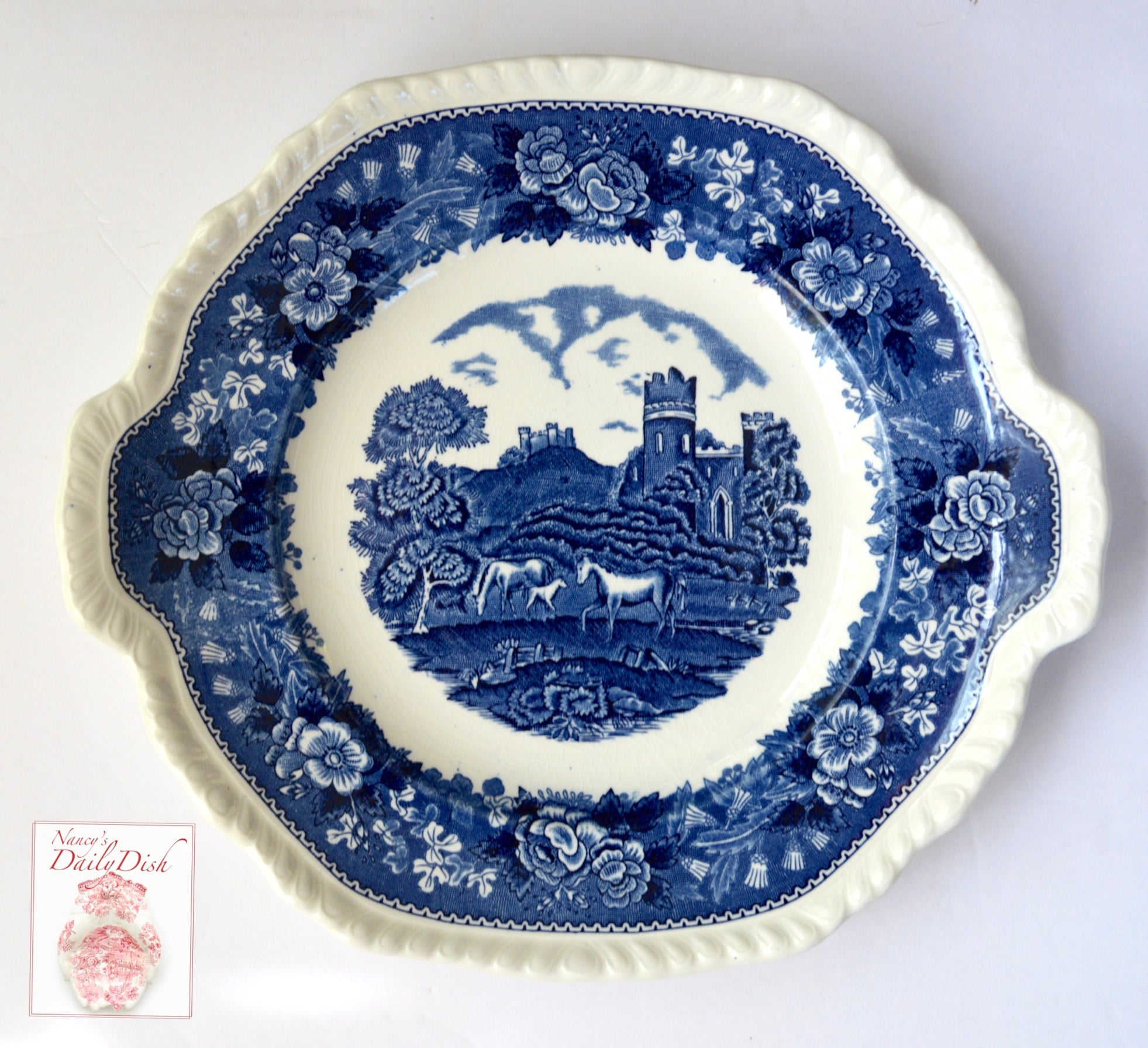 Tab Handled Square Blue Transferware Platter Horses in Pasture Castle