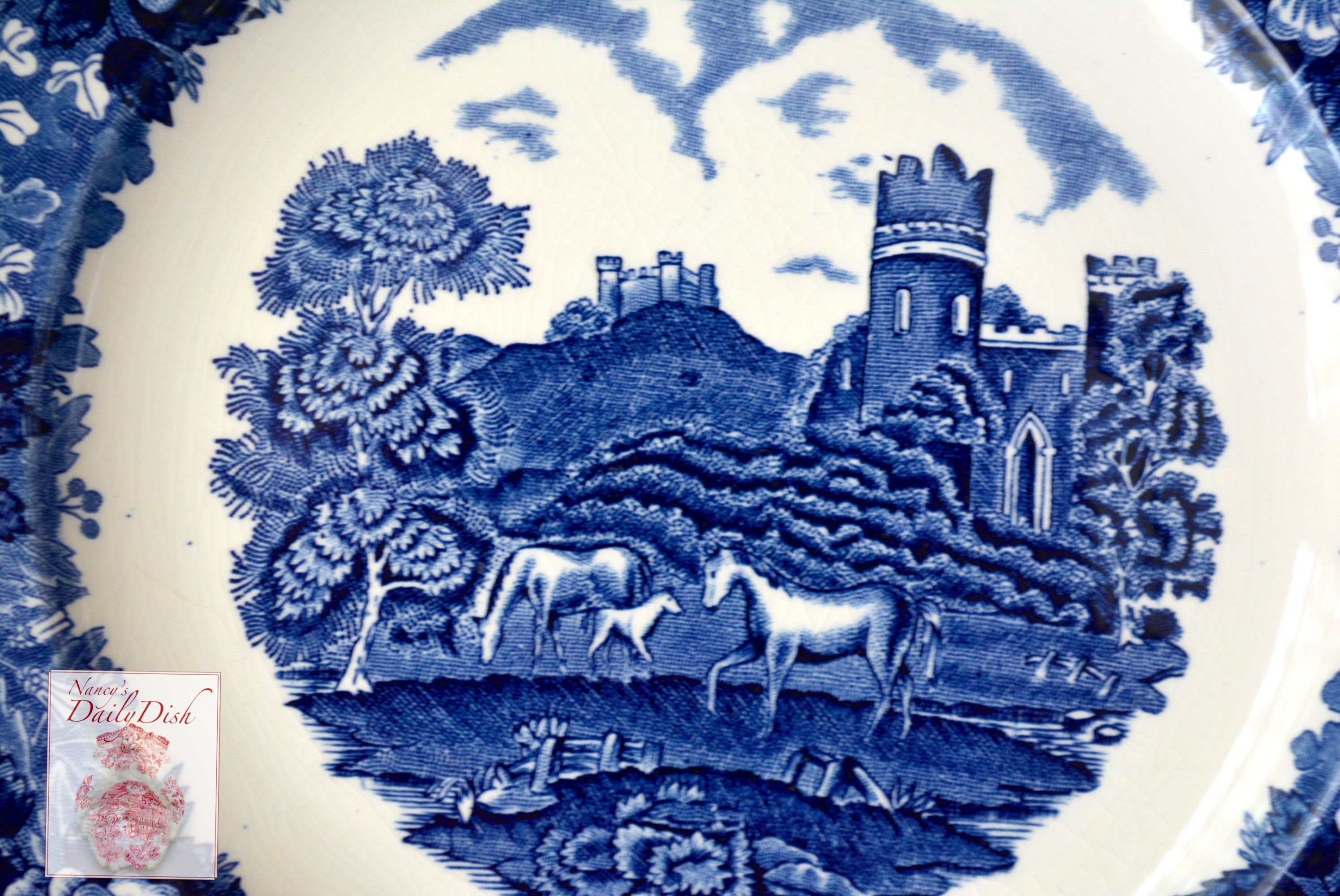 Tab Handled Square Blue Transferware Platter Horses in Pasture Castle