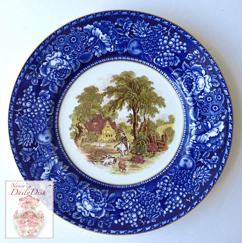 Blue & Brown Polychrome 2 Color Transferware Plate Rural Scenes -Hunting & Floral Scene - Royal Staffordshire - Hand Painted