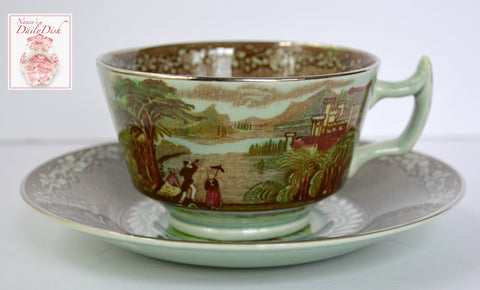 Rare Silver Overlay Mountain Scene Poly Brown Transferware Cup & Saucer Pastoral Jenny Lind