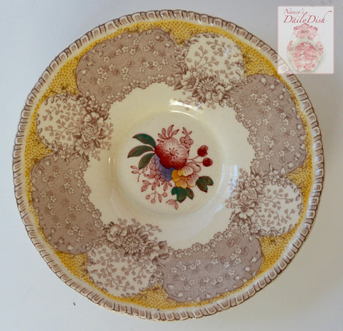 Taupe Brown & Butter Yellow Two Color Transferware Saucer Plate Royal Doulton Pink Purple Tulips Roses Flowers