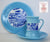 3 pc Set Dessert Plate Coffee Cup Saucer Vintage Blue Transferware & Turquoise