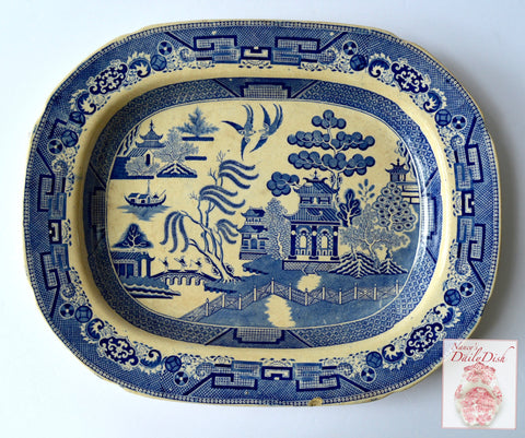 C 1869 Hulse & Adderley Blue Willow Chinoiserie Transferware Serving Platter Stone China