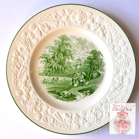 Green Transferware Wheat Harvest Scene Plate Embossed Floral Border Rhapsody George Jones