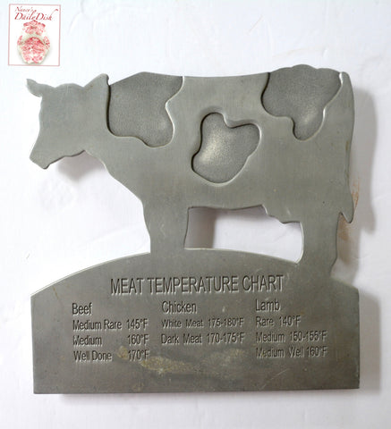 Butcher Shop Meat Temps Silver Pewter Cow Plaque Hanging Trivet / Plaque