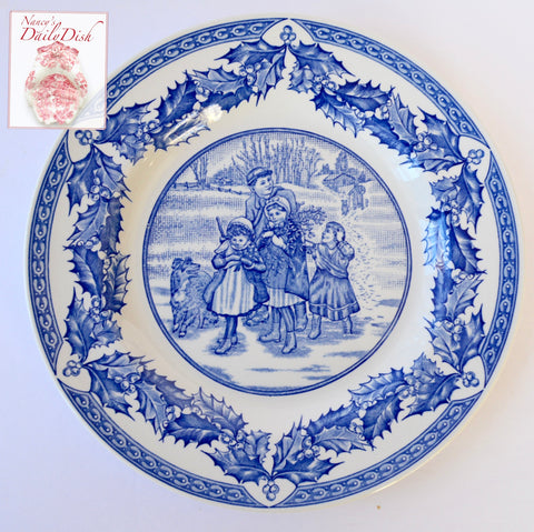 Spode Winter Blue English Transferware Plate Gathering Mistletoe Victorian Children & Dog