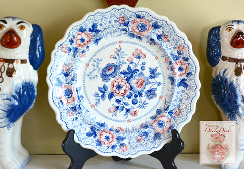 STUNNING circa 1835 Rare Blue Pink Two Color Transferware Plate New Stone China Roses