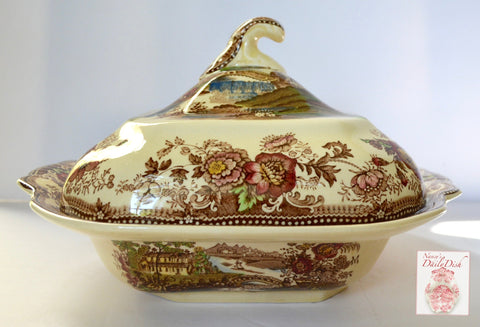 Clarice Cliff Brown Polychrome Transferware Lidded Tureen Royal Staffordshire Tonquin  Swans &  Roses