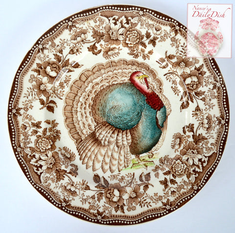 Polychrome Thanksgiving Turkey Brown Tonquin Transferware Plate Tonquin Clarice Cliff Roses Autumn Foliage Royal Staffordshire