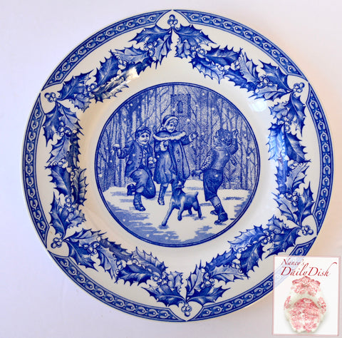 Spode Blue English Transferware Plate Winter Victorian Children & Dog Throwing Snowballs