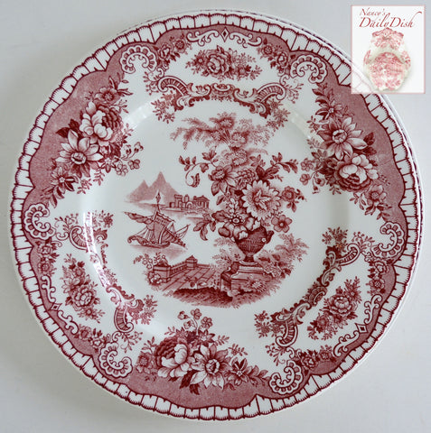 Antique Red Chinoiserie Transferware Salad Plate Ship Sailboat Flowers Roses