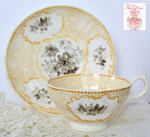 Antique Floral Yellow & Brown Bi Color Transferware Tea Cup & Saucer Circa 1830-40 Staffordshire