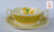 Yellow Transferware Dual Handled Cream Soup Bowl & Plate Spode Copeland Lattice and Geraniums Flowers