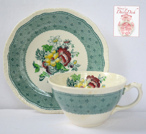 Vintage English China Teal Green Transferware Tea Cup & Saucer Floral Bouquet Roses Hand Painted Flowers Cottage